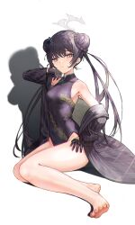 Rule 34 | 1girl, barefoot, black dress, black jacket, blue archive, breasts, china dress, chinese clothes, closed mouth, commentary request, double bun, dragon print, dress, grey eyes, hair bun, halo, highres, jacket, kisaki (blue archive), legs, long hair, looking at viewer, moth1, print dress, shadow, simple background, sleeveless, sleeveless dress, small breasts, solo, striped clothes, striped jacket, thighs, vertical-striped clothes, vertical-striped jacket, white background