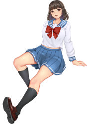 Rule 34 | 1girl, :d, absurdres, aoi sakura (seak5545), arm support, black socks, blue skirt, blunt bangs, bow, bowtie, breasts, brown eyes, brown hair, full body, highres, invisible chair, kneehighs, large breasts, lips, loafers, looking at viewer, medium breasts, midriff peek, open mouth, original, pleated skirt, red bow, red bowtie, ribbed legwear, sailor collar, school uniform, serafuku, shoes, sitting, skirt, smile, socks, solo