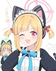 Rule 34 | 3girls, alternate hairstyle, animal ear headphones, animal ears, doodle sensei (blue archive), blonde hair, blue archive, blush, cat ear headphones, cat tail, fake animal ears, halo, headphones, highres, hoshino ouka, looking at viewer, maid, midori (blue archive), midori (maid) (blue archive), momoi (blue archive), momoi (maid) (blue archive), multiple girls, official alternate costume, one eye closed, open mouth, red eyes, sensei (blue archive), siblings, simple background, sisters, tail, translation request, twins, white background, yuuka (blue archive)