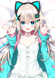 Rule 34 | 1girl, :d, animal ears, bed sheet, blonde hair, blue eyes, blue jacket, blush, breasts, cat ears, cat hair ornament, collarbone, commentary request, dakimakura (medium), dress, fake animal ears, fang, frilled dress, frills, hair between eyes, hair ornament, hairclip, indie virtual youtuber, jacket, long hair, long sleeves, looking at viewer, lying, on back, open clothes, open jacket, open mouth, outstretched arms, signature, small breasts, smile, solo, uchuuneko, uchuuneko (vtuber), very long hair, virtual youtuber, white dress, x hair ornament