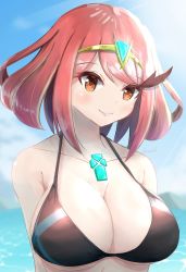 Rule 34 | 1girl, adapted costume, alternate costume, beach, bikini, black bikini, blue sky, breasts, chest jewel, cleavage, earrings, highres, jewelry, kanuici336, large breasts, navel, pyra (xenoblade), red eyes, red hair, short hair, sky, smile, solo, swept bangs, swimsuit, tiara, two-tone swimsuit, xenoblade chronicles (series), xenoblade chronicles 2