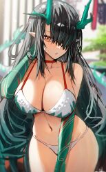 Rule 34 | 1girl, arknights, arm tattoo, bikini, black hair, breasts, choker, colored skin, cowboy shot, dragon girl, dragon horns, dragon tail, dusk (arknights), flame-tipped tail, green hair, green skin, hair over one eye, hand up, highres, horn/wood, horns, large breasts, long hair, multicolored hair, navel, pointy ears, red choker, red eyes, solo, streaked hair, swimsuit, tail, tattoo, thighs, very long hair, white bikini