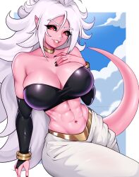 Rule 34 | 1girl, abs, absurdres, android 21, bangle, bare shoulders, black nails, black sclera, black tube top, bracelet, breasts, bridal gauntlets, choker, cleavage, cloud, cloudy sky, collarbone, colored sclera, colored skin, cowboy shot, darkmoney, detached sleeves, dragon ball, dragon ball fighterz, gold choker, grin, hand on own chest, harem pants, highres, huge breasts, jewelry, large breasts, long hair, looking at viewer, majin android 21, midriff, muscular, muscular female, navel, outside border, pants, parted bangs, pink skin, pointy ears, red eyes, sky, smile, solo, strapless, tail, tube top, very long hair, white hair, white pants, yellow choker