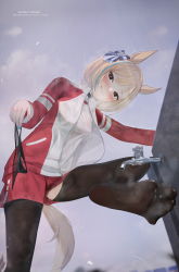 Rule 34 | 1girl, absurdres, animal ears, black eyes, black panties, black thighhighs, blonde hair, blue nails, blush, bow, closed mouth, faucet, feet, greek toe, grey sky, hair bow, heart, heart-shaped pupils, highres, holding, holding clothes, holding panties, holding underwear, horse ears, horse girl, horse tail, jacket, jersey, lace, lace panties, little cocon (umamusume), looking at viewer, multicolored hair, nail polish, open clothes, open jacket, outdoors, panties, rain, red jacket, red shorts, shirt, shoes, short hair, shorts, sky, sneakers, soles, solo, streaked hair, symbol-shaped pupils, tail, thighhighs, toes, tongue, tongue out, umamusume, underwear, ursica, water drop, wet, wet clothes, white shirt