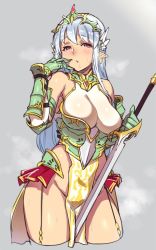 Rule 34 | 1girl, armor, bare shoulders, between thighs, blush, cowboy shot, cropped legs, dark-skinned female, dark skin, earrings, elbow gloves, elf, gauntlets, gloves, hand to own mouth, headgear, heavy breathing, houtengeki, impossible clothes, jewelry, jpeg artifacts, loincloth, long hair, no panties, original, pelvic curtain, pointy ears, red eyes, silver hair, simple background, solo, sweat, sword, weapon, white gloves