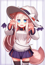 Rule 34 | 1girl, :d, animal ear fluff, animal ears, animal hat, bandaged leg, bandages, bat wings, black thighhighs, blue eyes, blush, breasts, brown hair, claw pose, commentary request, detached sleeves, fake animal ears, fang, fox ears, fox girl, fox tail, hair ornament, hairclip, hands up, hat, highres, long hair, long sleeves, medium breasts, mini wings, open mouth, original, pleated skirt, puffy long sleeves, puffy sleeves, purple skirt, purple wings, reitou mikan, shirt, skirt, sleeveless, sleeveless shirt, smile, solo, standing, tail, thighhighs, very long hair, white hat, white shirt, white sleeves, wings, witch hat