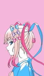 Rule 34 | 1girl, blonde hair, blue bow, blue eyes, blue hair, blue shirt, bow, chouzetsusaikawa tenshi-chan, closed mouth, eencya, from side, gradient hair, hair bow, hair ornament, heart, heart hair ornament, long hair, looking at viewer, multicolored hair, needy girl overdose, official art, pink background, pink bow, pink hair, pixel art, profile, purple bow, quad tails, sailor collar, second-party source, shirt, simple background, solo, twintails, upper body, yellow bow