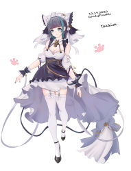 Rule 34 | 1girl, 2020, absurdres, animal ears, apron, aqua eyes, artist name, azur lane, black footwear, breasts, candypowd3r, character name, cheshire (azur lane), cleavage, detached sleeves, dress, fake animal ears, frilled hairband, frilled headband, frilled ribbon, frills, full body, garter straps, hairband, highres, large breasts, long dress, long ribbon, looking at viewer, maid headdress, multicolored hair, puffy detached sleeves, puffy sleeves, purple apron, ribbon, simple background, solo, streaked hair, thighhighs, white background, white thighhighs, wrist cuffs