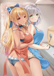 Rule 34 | 2girls, apron, bikini, bikini skirt, blonde hair, blue apron, blue bikini, blue bow, blue collar, bow, breasts, collar, commentary request, dark-skinned female, dark skin, detached collar, green eyes, grey hair, hair bow, highres, holding, holding spatula, hololive, kishimaharuno, large breasts, long hair, looking at viewer, multicolored hair, multiple girls, naked apron, nearly naked apron, open mouth, orange apron, orange eyes, partial commentary, pointy ears, ponytail, shiranui flare, shirogane noel, short hair, sidelocks, smile, spatula, streaked hair, swimsuit, virtual youtuber, white hair