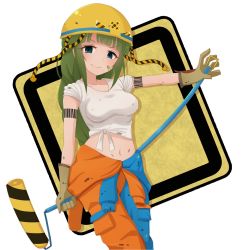 Rule 34 | 1girl, bandaid, bandaid on face, barcode, barcode tattoo, blue eyes, breasts, brown gloves, construction worker, cowboy shot, crop top, frozenpile, gloves, green hair, helmet, holding, kantai collection, long hair, looking at viewer, medium breasts, midriff, navel, shirt, short sleeves, smile, solo, standing, stomach, tattoo, v-shaped eyebrows, very long hair, white shirt, yuugumo (kancolle)