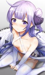 Rule 34 | 1girl, ahoge, areola slip, artist request, azur lane, bare shoulders, black bow, black ribbon, blurry, blush, bow, breasts, cleavage, clothing cutout, criss-cross halter, depth of field, dress, dress bow, from above, hair bun, halterneck, highres, long hair, navel, off-shoulder dress, off shoulder, one side up, purple eyes, purple hair, ribbon, side bun, side cutout, single side bun, sitting, small breasts, solo, thighhighs, unicorn (azur lane), very long hair, white dress, white thighhighs
