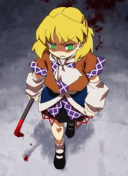 Rule 34 | 1girl, angry, arm warmers, bad id, bad pixiv id, blonde hair, blood, clenched teeth, crowbar, female focus, floor, from above, full body, green eyes, holding, holding crowbar, knees, looking ahead, mizuhashi parsee, pointy ears, scarf, shaded face, shoes, short hair, skirt, solo, standing, teeth, tonbi, touhou, weapon, you gonna get raped
