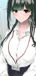 Rule 34 | 1girl, :o, blush, breasts, collarbone, formal, green hair, indoors, lanyard, large breasts, looking at viewer, office lady, open collar, original, shirt, shotan, solo, upper body, white shirt