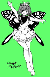 Rule 34 | 1girl, antennae, arm up, artist name, bad anatomy, bad arm, bad perspective, barefoot, blush, butterfly wings, dress, eternity larva, fairy, full body, gotou eight, green background, hair between eyes, highres, insect wings, leaf, leaf on head, monochrome, multicolored clothes, multicolored dress, one-hour drawing challenge, open mouth, short hair, short sleeves, simple background, single strap, smile, solo, touhou, twitter username, wings