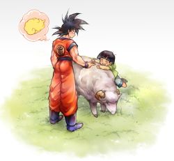 Rule 34 | 2boys, ^ ^, animal, animal hug, bad id, bad pixiv id, black eyes, black hair, boots, bowl cut, child, closed eyes, clothes writing, dougi, dragon ball, dragonball z, facing away, father and son, flying nimbus, full body, gradient background, grass, green jacket, hano (hanos91), hug, jacket, leg lift, long sleeves, looking down, male focus, multiple boys, profile, sheep, short hair, shorts, simple background, smile, son gohan, son goku, spiked hair, thought bubble, white background, wristband