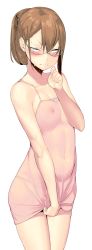 Rule 34 | 1girl, blush, breasts, brown hair, covered erect nipples, cowboy shot, fang, glasses, hakai shin, highres, long hair, looking to the side, nipples, ponytail, see-through, simple background, small breasts, solo, thighs, wet, wet clothes, white background