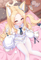 Rule 34 | 1girl, absurdres, animal ear fluff, animal ears, bed, blonde hair, blue archive, blush, denfunsan, detached sleeves, fox ears, fox girl, from above, halo, highres, long hair, looking at viewer, looking up, miniskirt, open mouth, pantyhose, pillow, seia (blue archive), shirt, sitting, skirt, sleeves past wrists, smile, solo, thighs, very long hair, white pantyhose, white shirt, white skirt, white sleeves, yellow eyes