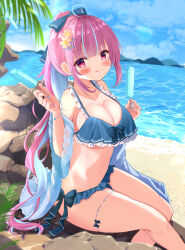 Rule 34 | 1girl, absurdres, ahoge, beach, bikini, blue hair, blush, bow, bracelet, breasts, cleavage, colored inner hair, day, earrings, flower, food, frilled bikini, frills, hair bow, hair flower, hair ornament, highres, holding, holding food, holding popsicle, hololive, jacket, jewelry, kanti15, large breasts, licking lips, long hair, looking at viewer, minato aqua, mountainous horizon, multicolored hair, navel, ocean, off shoulder, outdoors, pink hair, ponytail, popsicle, red eyes, sand, sideboob, sitting, smile, solo, swimsuit, thigh strap, tongue, tongue out, tree, very long hair, virtual youtuber, water