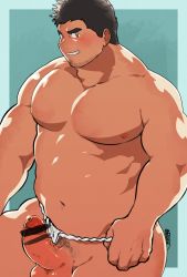 Rule 34 | 1boy, ass, bar censor, bara, belly, black hair, blush, censored, clothing aside, cowboy shot, erection, facial hair, fat, fat man, fundoshi, fundoshi aside, higemorigen, highres, japanese clothes, large pectorals, male focus, male underwear, muscular, navel, nipples, original, pectorals, penis, precum, short hair, sideburns, solo, stubble, thick eyebrows, thick thighs, thighs, underwear, underwear only, undressing, veins, veiny penis, white male underwear