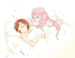 Rule 34 | 2girls, aftersex, back, bare shoulders, bed, bed sheet, blue eyes, blush, brown hair, closed eyes, covering privates, crossed arms, female focus, happy, long hair, lying, megurine luka, meiko (vocaloid), multiple girls, naughty face, nude, nude cover, on back, on stomach, petals, pillow, pink hair, sasanoneko, short hair, sleeping, smile, under covers, vocaloid, yuri
