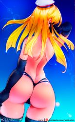 Rule 34 | 1girl, ass, beret, blonde hair, cameltoe, day, elbow gloves, fate/grand order, fate (series), from behind, gloves, hat, highres, huge ass, long hair, lord el-melloi ii case files, mozarel, no bra, outdoors, panties, purple panties, reines el-melloi archisorte, shiny skin, solo, thighhighs, thong, topless, underwear, watermark, web address, white hat, wide hips