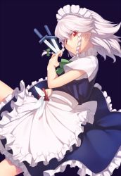 Rule 34 | 1girl, apron, between fingers, blue background, blue dress, bow, braid, commentary request, cowboy shot, dress, frilled apron, frills, green bow, green ribbon, hair between eyes, hair bow, holding, holding knife, holding weapon, izayoi sakuya, kaiza (rider000), knife, knives between fingers, looking at viewer, maid, maid apron, maid headdress, neck ribbon, petticoat, red eyes, ribbon, short hair, short sleeves, silver hair, simple background, solo, touhou, twin braids, v-shaped eyebrows, waist apron, weapon, white apron