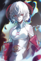 Rule 34 | 1girl, bare shoulders, blue fire, detached sleeves, dress, fire, horn ornament, horn ribbon, horns, messy hair, patterned clothing, pointy ears, red eyes, ribbon, sheep horns, short hair, smile, solo, tokinhr, touhou, sunken fossil world, toutetsu yuuma, white hair