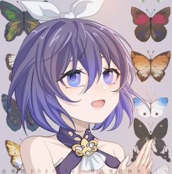 Rule 34 | 1girl, :d, absurdres, bare shoulders, black butterfly, blue eyes, blue hair, bow, bug, butterfly, character name, dress, hair between eyes, hair bow, hair ornament, happy birthday, highres, honkai (series), honkai impact 3rd, insect, liuyun73492, open mouth, orange butterfly, pink background, red butterfly, seele vollerei, seele vollerei (stygian nymph), short hair, simple background, sleeveless, sleeveless dress, smile, solo, white butterfly