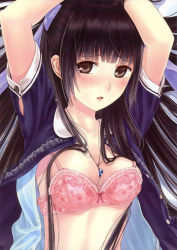 Rule 34 | 1girl, absurdres, arms up, between breasts, black hair, blunt bangs, blush, bow, bow bra, bra, breasts, brown eyes, cleavage, hair bow, highres, jewelry, kazuharu kina, lingerie, long hair, looking at viewer, necklace, open clothes, open shirt, original, pink bra, shirt, solo, underwear