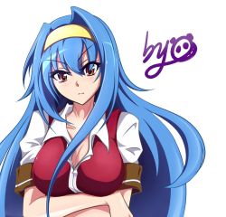 Rule 34 | 1girl, 2015, arcana heart, artist request, blue hair, blush, breasts, cleavage, headband, highres, long hair, looking at viewer, pixiv3297781, red vest, shirt, short sleeves, signature, solo, tsuzura saki, unbuttoned, upper body, v-shaped eyebrows, vest, white shirt