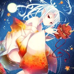 Rule 34 | 1boy, autumn leaves, blue hair, chiyomatsu, full moon, goma (11zihisin), horns, japanese clothes, kimono, leaf, leaf print, long hair, looking at viewer, male focus, mask, moon, oni mask, original, outdoors, pointy ears, ponytail, red eyes, sky, solo, star (sky)