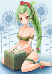 Rule 34 | 1girl, anklet, bare shoulders, braid, bush, collarbone, cube, dryad, dryad (terraria), expressionless, female focus, field, flower, flower field, green hair, jewelry, leaf, long hair, looking at viewer, low-tied long hair, mokkosu., monster girl, off shoulder, plant, plant girl, pointy ears, ponytail, red eyes, rose, scrunchie, single braid, sitting, solo, strap slip, sunflower, sunflower field, terraria, vines, wariza