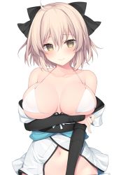 Rule 34 | 1girl, ahoge, alternate breast size, arm guards, bare shoulders, bikini, black bow, blonde hair, blush, bow, breast hold, breasts, collarbone, fate/grand order, fate (series), highres, japanese clothes, kimono, koha-ace, large breasts, looking at viewer, miko (royal milk), navel, obi, off shoulder, okita souji (fate), okita souji (koha-ace), revealing clothes, sash, short hair, short kimono, simple background, sleeveless, sleeveless kimono, smile, solo, swimsuit, white background, white bikini, white kimono