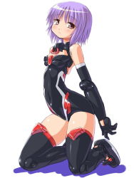 Rule 34 | 10s, 1girl, :/, arched back, arm behind back, bad id, bad pixiv id, bare shoulders, black gloves, black thighhighs, blush, breasts, busou shinki, cleavage cutout, clothing cutout, covered navel, dd (ijigendd), doll joints, elbow gloves, from side, full body, gloves, hip focus, joints, kneeling, legs, leotard, looking at viewer, narrow waist, parted bangs, pink eyes, purple hair, red eyes, shadow, short hair, simple background, small breasts, solo, thighhighs, thighs, white background, zilvern