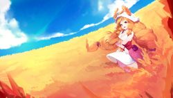 Rule 34 | 1girl, blonde hair, blue sky, breasts, cloud, dress, ejami, field, hat, highres, holding, long hair, looking at viewer, open mouth, original, red eyes, sky, solo, teeth, tongue, twintails, wheat