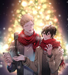 Rule 34 | 2boys, absurdres, black eyes, black hair, blonde hair, blurry, blurry background, brown coat, cellphone, christmas, coat, collared coat, ear piercing, given, grey sweater, guitar case, highres, holding, holding phone, instrument case, kaji akihiko, male focus, merry christmas, mouth piercing, multiple boys, multiple piercings, murata ugetsu, open mouth, phone, piercing, pinoli (pinoli66), red scarf, scarf, smartphone, sweater, winter clothes