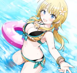 Rule 34 | 1girl, :d, bangle, bare shoulders, bikini, black bikini, blonde hair, blue eyes, blush, bracelet, breasts, cleavage, commentary request, day, dutch angle, flower, hachimiya meguru, hair flower, hair ornament, idolmaster, idolmaster shiny colors, innertube, jewelry, layered bikini, looking at viewer, low twintails, medium breasts, morina nao, open mouth, outdoors, smile, solo, standing, swim ring, swimsuit, twintails, water, wet, white flower