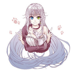 Rule 34 | 1girl, :3, blue eyes, breasts, cat, cleavage, crossed arms, dress, green eyes, heterochromia, k-project, large breasts, looking at viewer, lowres, neko (k-project), object between breasts, otonagi, paw print, silver hair, solo, strapless, strapless dress, sweater, sweater slip