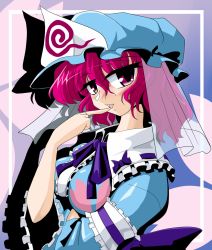 Rule 34 | 1girl, blue dress, cherry blossoms, commentary request, dress, finger to mouth, hat, hitodama, japanese clothes, kieyza, long sleeves, looking at viewer, mob cap, obi, open mouth, petals, pink eyes, pink hair, ribbon, saigyouji yuyuko, sash, short hair, solo, touhou, triangular headpiece, veil, wide sleeves