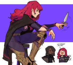 Rule 34 | armored boots, belt, black cape, black cloak, black hair, boots, breasts, cape, cloak, combat knife, commentary, concealed weapon, d4ggerfish, dagger, dark-skinned male, dark skin, english commentary, english text, facial mark, fire emblem, fire emblem engage, gold belt, hair ornament, holding, holding dagger, holding knife, holding weapon, key, knife, long hair, medium breasts, nintendo, red hair, speech bubble, star (symbol), star hair ornament, twirling weapon, weapon, yunaka (fire emblem), zelkov (fire emblem)