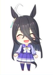 Rule 34 | 1girl, 2-butani, absurdres, ahoge, animal ears, black hair, bow, chibi, closed eyes, commentary request, facing viewer, full body, hair between eyes, highres, horse ears, horse girl, horse tail, long sleeves, manhattan cafe (umamusume), multicolored hair, open mouth, parted lips, pleated skirt, puffy long sleeves, puffy sleeves, purple serafuku, purple shirt, purple skirt, school uniform, serafuku, shadow, shirt, simple background, skirt, sleeves past wrists, smile, solo, standing, tail, tracen school uniform, two-tone hair, umamusume, white background, white bow, white hair