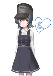 Rule 34 | 1girl, arare (kancolle), arare kai ni (kancolle), artist name, black hair, brown eyes, character name, clothes lift, commentary request, dress, dress lift, hat, highres, kantai collection, long sleeves, looking at viewer, pinafore dress, shirt, short hair, simple background, sleeveless, sleeveless dress, solo, standing, t2r, white background, white shirt