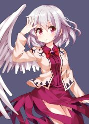 Rule 34 | 1girl, blue background, bow, bowtie, closed mouth, cowboy shot, dress, feathered wings, grey wings, hair between eyes, highres, jacket, kishin sagume, long sleeves, looking at viewer, one-hour drawing challenge, purple dress, purple skirt, red bow, red bowtie, red eyes, ruu (tksymkw), simple background, single wing, skirt, solo, standing, suit jacket, thighs, touhou, white hair, white wings, wings