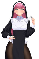 Rule 34 | 1girl, absurdres, amane a (007 uiro), bad id, bad pixiv id, black pantyhose, blush, breasts, cross, cross necklace, expressionless, frills, grey eyes, hand on own hip, highres, jewelry, long hair, looking at viewer, necklace, nun, original, pantyhose, pink hair, simple background, solo, veil, white background