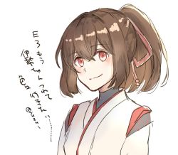 Rule 34 | 1girl, brown hair, commentary request, hair ribbon, ise (kancolle), japanese clothes, kantai collection, looking at viewer, ponytail, red eyes, red ribbon, ribbon, short hair, simple background, solo, translation request, undershirt, white background, yuzu (kimagure kankitsurui)