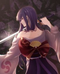 Rule 34 | 1girl, bare shoulders, commentary, english commentary, from behind, genshin impact, highres, holding, holding sword, holding weapon, japanese clothes, katana, kimono, leu sile, light particles, long hair, long sleeves, looking at viewer, looking back, mitsudomoe (shape), purple eyes, purple hair, raiden shogun, sword, symbol-only commentary, tomoe (symbol), weapon, wide sleeves