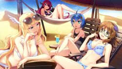 Rule 34 | 4girls, :3, adjusting hair, bare arms, bare legs, bare shoulders, barefoot, bikini, black-framed eyewear, black bikini, blonde hair, blue bikini, blue eyes, blue hair, breasts, brown eyes, brown hair, carmine (hatsuro koto naki mirai yori), chair, cleavage, desert, drink, drinking straw, eren (hatsuro koto naki mirai yori), eyebrows, eyepatch, feet, flower, food, fran (hatsuro koto naki mirai yori), fruit, fumio (ura fmo), game cg, glasses, hair flower, hair ornament, hand on own cheek, hand on own face, hatsuru koto naki mirai yori, head wings, horns, large breasts, legs, long hair, looking at another, lying, morin (hatsuro koto naki mirai yori), multiple girls, navel, open mouth, parted lips, purple eyes, red hair, sand, short hair, sky, small breasts, smile, sunglasses, swimsuit, thighs, toes, white bikini, wings