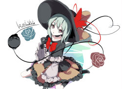 Rule 34 | 1girl, :o, alternate color, black capelet, black gloves, black hat, black shirt, blouse, blue flower, blue rose, bow, bowtie, brooch, capelet, character name, collarbone, commentary, flower, frilled capelet, frilled skirt, frilled sleeves, frills, full body, gloves, green eyes, green hair, hat, hat bow, hat ribbon, heart, heart-shaped pupils, heart of string, highres, jewelry, kneeling, komeiji koishi, long sleeves, looking at viewer, medium hair, neetsr, open mouth, red bow, red bowtie, red flower, red ribbon, red rose, ribbon, rose, shirt, simple background, skirt, solo, symbol-shaped pupils, third eye, touhou, white background, yellow bow, yellow skirt