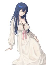 Rule 34 | 1girl, blue hair, breasts, caeda (fire emblem), cleavage, cleavage cutout, closed eyes, clothing cutout, fire emblem, fire emblem: mystery of the emblem, hand on own hip, highres, inner sideboob, large breasts, mik blamike, nightgown, nintendo, pink ribbon, ribbon, shirt, sideboob, solo, string, tied shirt