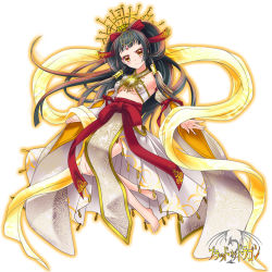 Rule 34 | 1girl, :&lt;, amaterasu (mythology), angry, bare legs, barefoot, blood of dragon, blush, breasts, circlet, detached sleeves, forehead jewel, headdress, japanese clothes, jewelry, long hair, miko, musora, navel, necklace, obi, official art, original, sash, small breasts, solo, underboob, yellow eyes